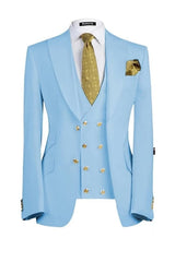 Sky Blue Three Piece Peaked Lapel Prom Suit