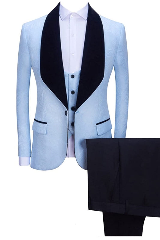 Sky Blue Three Piece Shawl Lapel Jacquard Wedding Suit