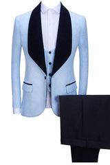 Sky Blue Three Piece Shawl Lapel Jacquard Wedding Suit