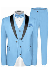 Sky Blue Three Piece Shawl Lapel Wedding Suit