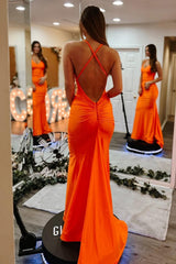 Orange Mermaid Gown With Criss Cross Back And Smooth Satin Finish Prom Dress Formal Evening Gown