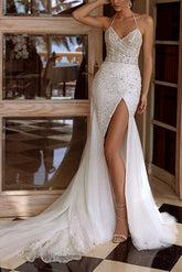 Sleeveless Sweep Train Wedding Dress With Split Front