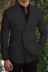 Slim Fit Double Breasted Six-Button Business Suit For Men In Black Green