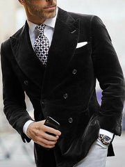 Slim Fit Double Breasted Velvet Blazer For Men - Peaked Lapel Six-Button Style