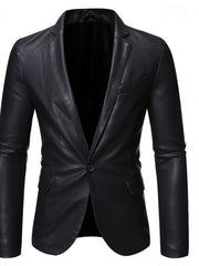 Solid Color Black Pu Leather Blazer For Office Work