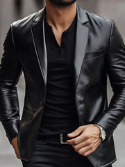 Solid Color Black Pu Leather Blazer For Office Work