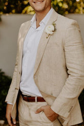 Solid Colored Linen Suits For Men Tailored Fit With Single Breasted Two-Button Design