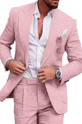 Solid Colored Linen Suits For Men Tailored Fit With Single Breasted Two-Button Design