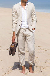 Solid Colored Linen Two-Button Single-Breasted Suit For Men Tailored Fit