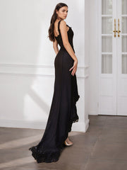 Spaghetti Strap A-Line Princess Mother of the Bride Dress with Asymmetrical Hem Side Split & Lace Sequin Detail