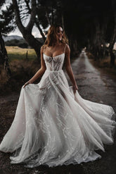 Spaghetti Straps Beach Wedding Dress Sequined Corset Sleeveless A Line Bridal Gown