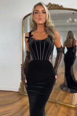 Spaghetti Straps Black Prom Dress Mermaid Corset Velvet Long Evening Dress