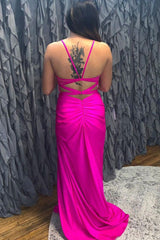 Spaghetti Straps Hot Pink Prom Dress Corset Evening Dress with Slit
