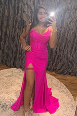 Spaghetti Straps Hot Pink Prom Dress Corset Evening Dress with Slit