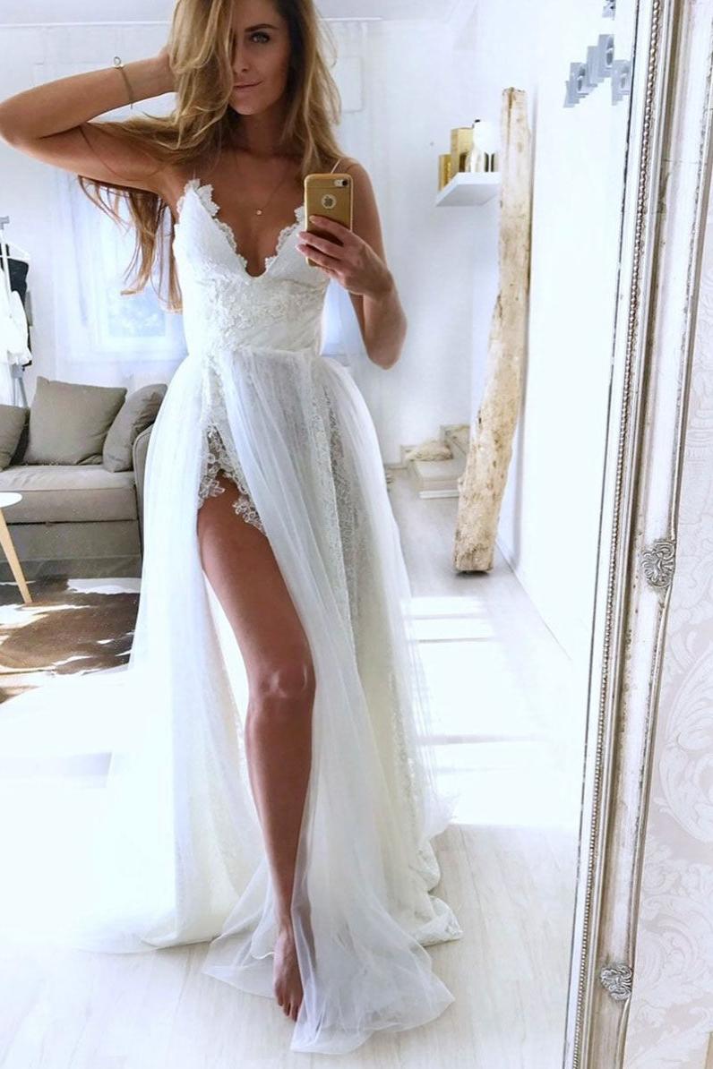 Spaghetti Straps Lace Wedding Dress Ivory Tulle A Line Bridal Gown with Slit