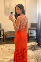 Spaghetti Straps Orange Prom Dress Long Evening Dress with Criss Cross Back