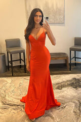 Spaghetti Straps Orange Prom Dress Long Evening Dress with Criss Cross Back