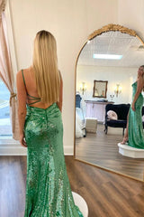 Spaghetti Straps Prom Dress Long Sage Sequin Evening Dress
