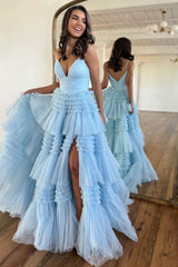 Spaghetti Straps Prom Dress Long Tiered Tulle A Line Elegant Evening Dress with Split