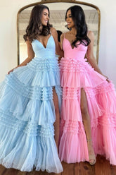 Spaghetti Straps Prom Dress Long Tiered Tulle A Line Elegant Evening Dress with Split