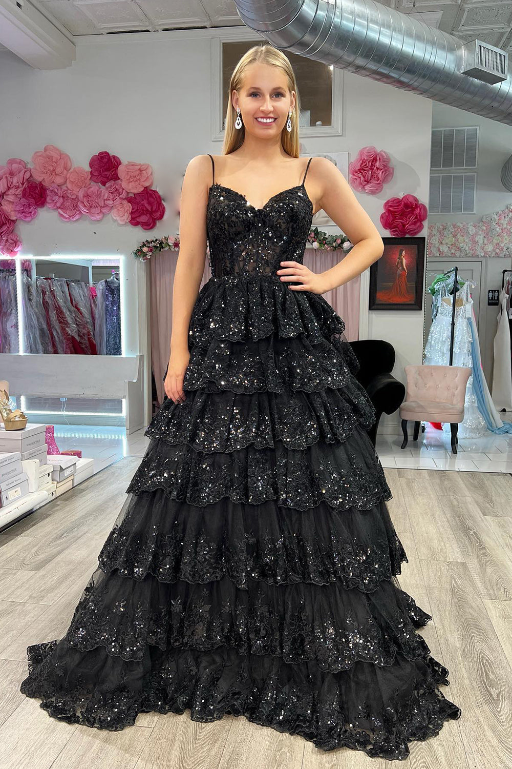 Spaghetti Straps Prom Dress Tiered Lace A Line Evening Dress