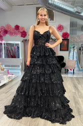 Spaghetti Straps Prom Dress Tiered Lace A Line Evening Dress