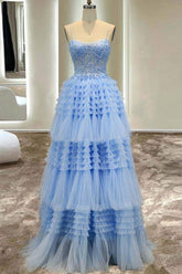 Spaghetti Straps Prom Dress Tulle Long A Line Evening Dress