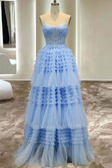 Spaghetti Straps Prom Dress Tulle Long A Line Evening Dress
