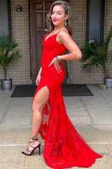 Spaghetti Straps Red Prom Dress Long Evening Dress with Appliques
