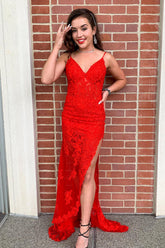 Spaghetti Straps Red Prom Dress Long Evening Dress with Appliques