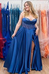 Spaghetti Straps Royal Blue Prom Dress Corset Long Evening Dress with Slit