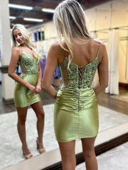 Dressystars Spaghetti Straps Short Satin Homecoming Dress With Appliques