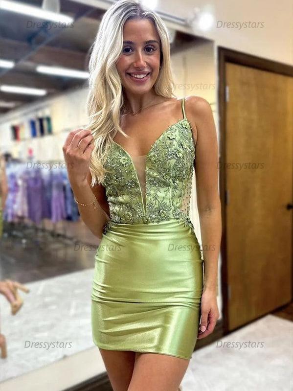 Dressystars Spaghetti Straps Short Satin Homecoming Dress With Appliques