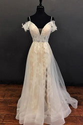 Spaghetti Straps Tulle Wedding Dress Lace A Line Long Bridal Gown
