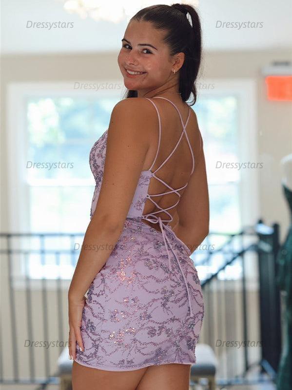Dressystars Spaghetti Straps V-Neck Appliques Tight Homecoming Dress