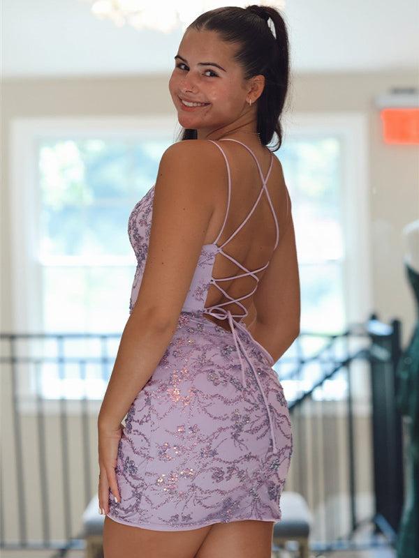 Spaghetti Straps V-Neck Appliques Tight Homecoming Dress