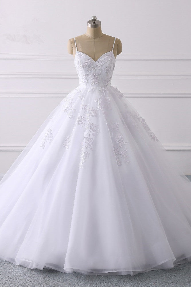 Spaghetti Straps V Neck Tulle Wedding Dress with Lace Appliques