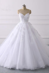 Spaghetti Straps V Neck Tulle Wedding Dress with Lace Appliques