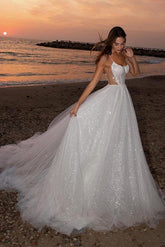 Spaghetti Straps Wedding Dress A Line Tulle Bridal Gown With Lace Appliques