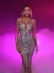 Spaghetti Straps Beaded Prom Dress Tulle Mermaid Formal Dress