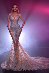 Spaghetti Straps Beaded Prom Dress Tulle Mermaid Formal Dress