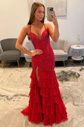 Sparkling Red Beaded Mermaid Prom Evening Gown With Ruffle Skirt Formal Evening Gown