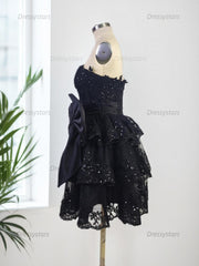 Dressystars Sparkly A Line Sweetheart Corset Tiered Ruffle Homecoming Dress with Bows