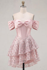 Sparkly Blush Beaded Corset A-Line Short Homecoming Dress with Ruffles