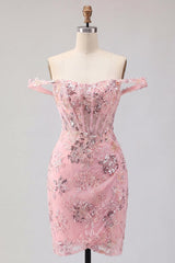 Floral Corset Tight Sparkly Blush Short Beaded Homecoming Dress