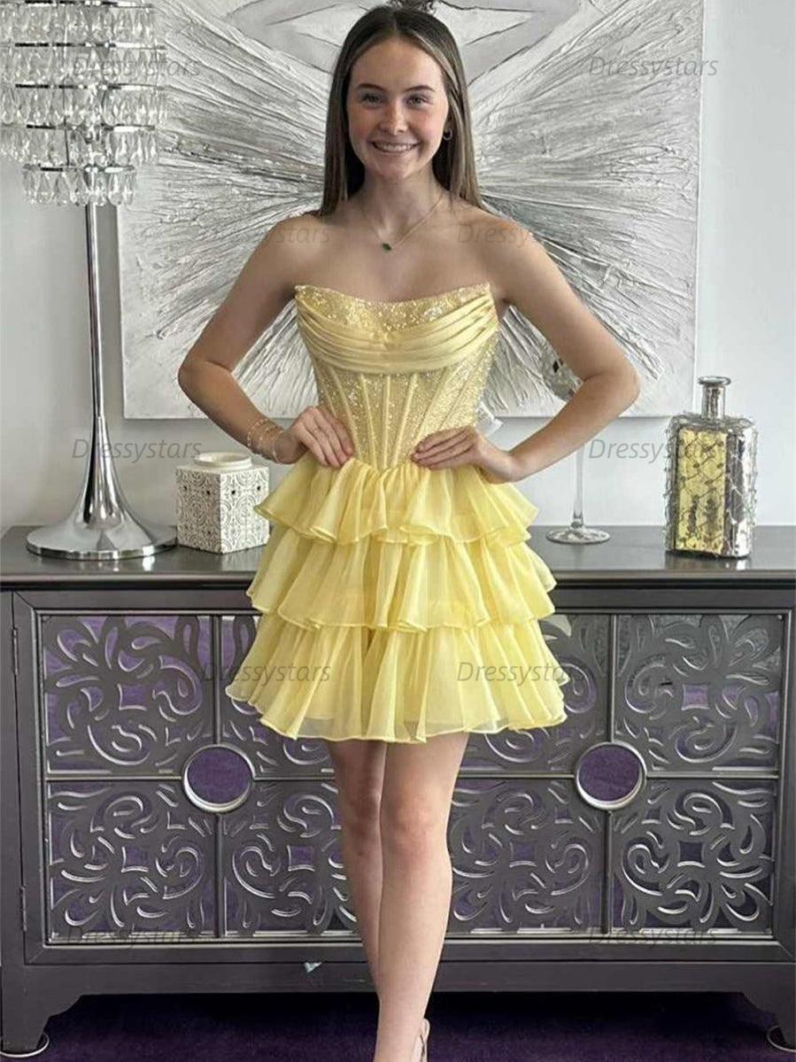 Dressystars Sparkly Corset A Line Short Beaded Homecoming Dress with Ruffles