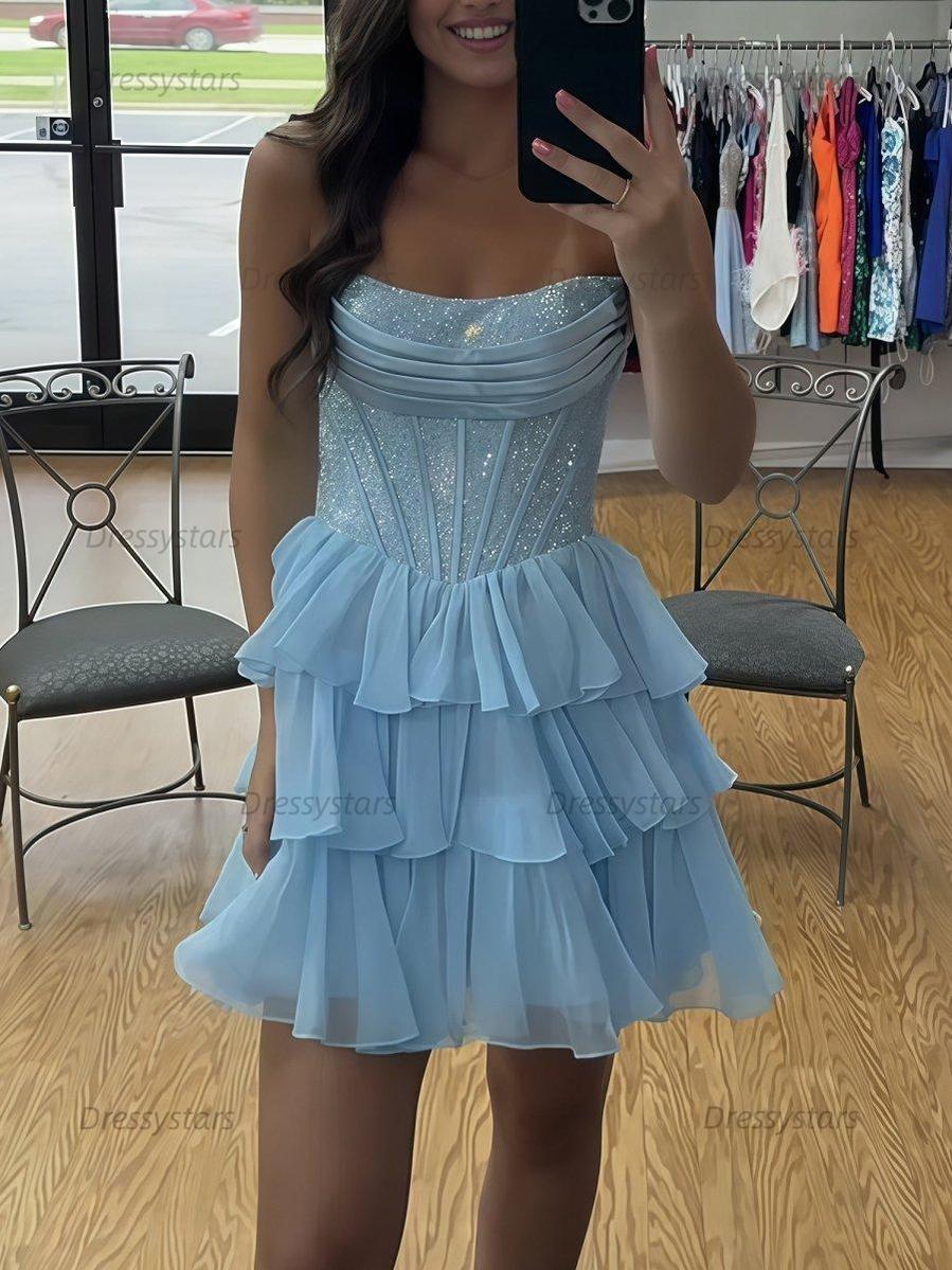 Dressystars Sparkly Corset A Line Short Beaded Homecoming Dress with Ruffles