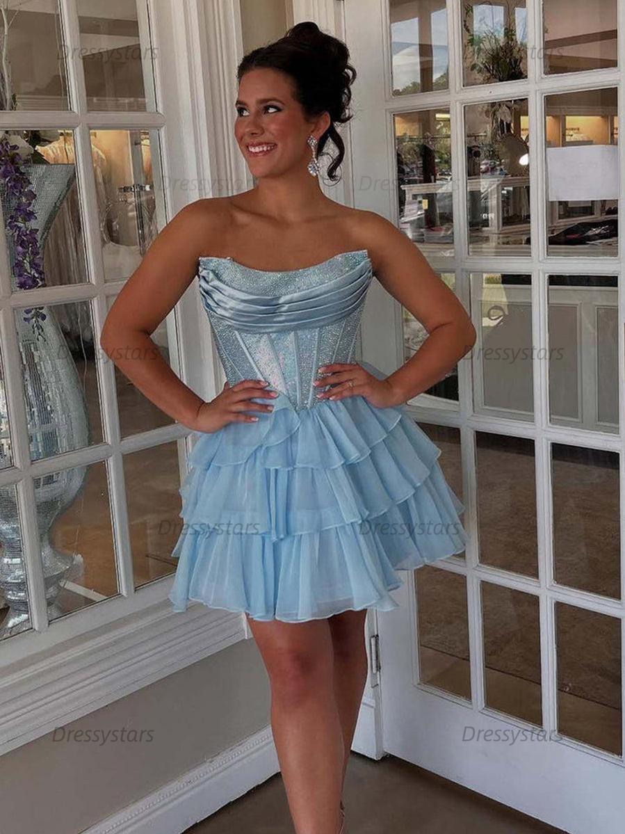 Dressystars Sparkly Corset A Line Short Beaded Homecoming Dress with Ruffles