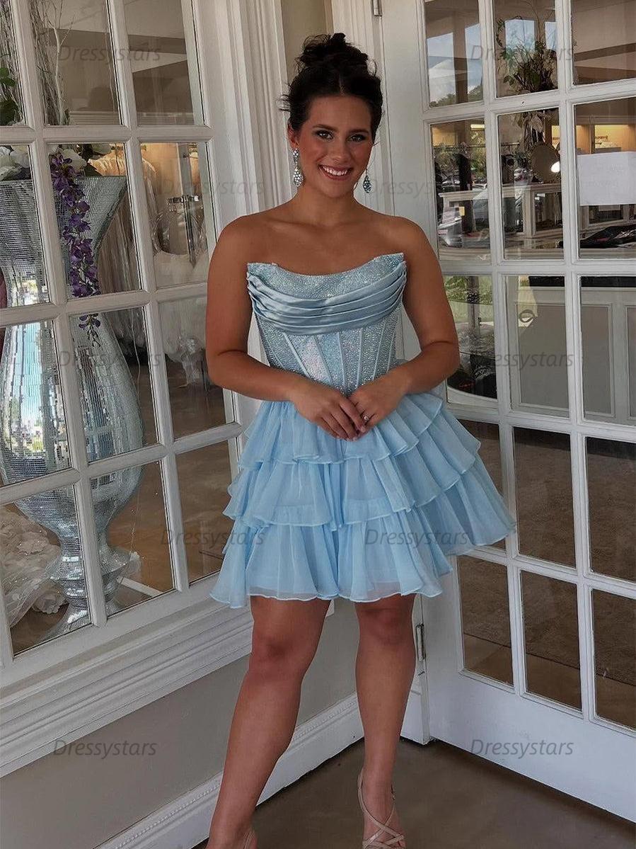 Dressystars Sparkly Corset A Line Short Beaded Homecoming Dress with Ruffles