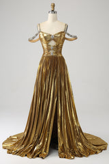 Sparkly Golden Cut Out Beaded A-Line Metallic Pleated Long Prom Dress with Slit